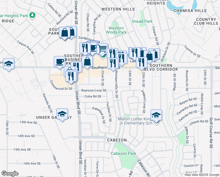 map of restaurants, bars, coffee shops, grocery stores, and more near 1116 Reynosa Loop Southeast in Rio Rancho