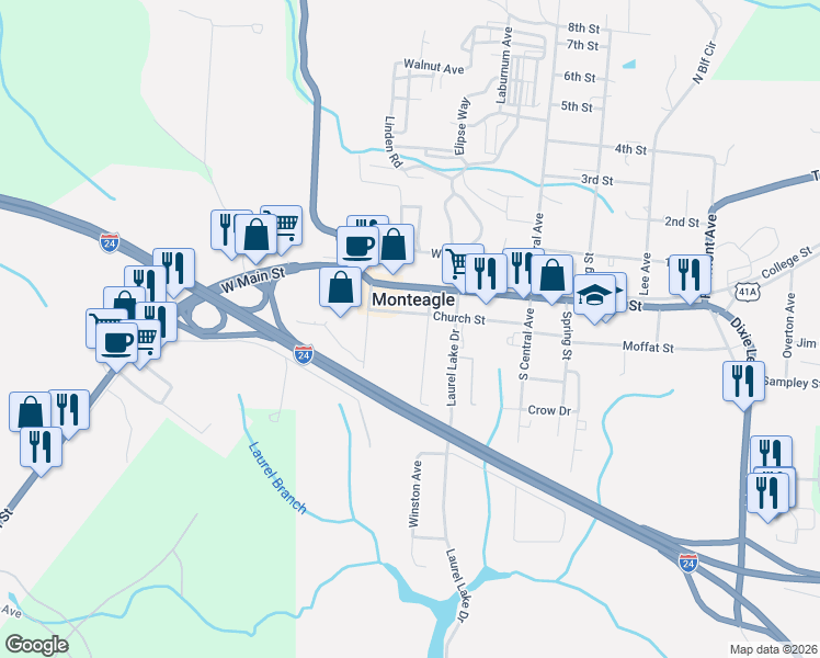 map of restaurants, bars, coffee shops, grocery stores, and more near 340 West Main Street in Monteagle