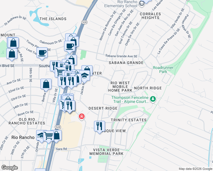 map of restaurants, bars, coffee shops, grocery stores, and more near 1101 Meadowlark Way Southeast in Rio Rancho