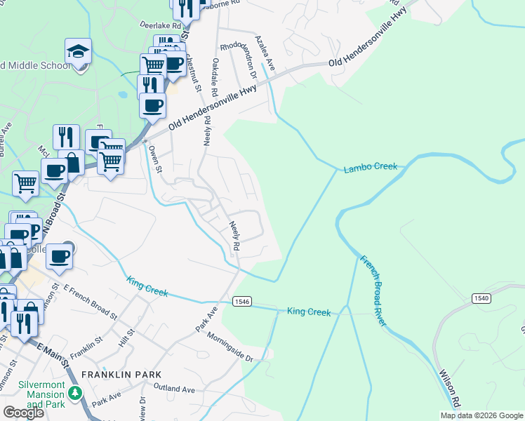 map of restaurants, bars, coffee shops, grocery stores, and more near 164 Broadview Circle in Brevard
