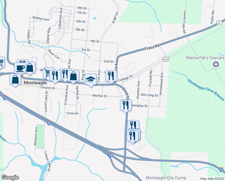 map of restaurants, bars, coffee shops, grocery stores, and more near 224 Main Street in Monteagle