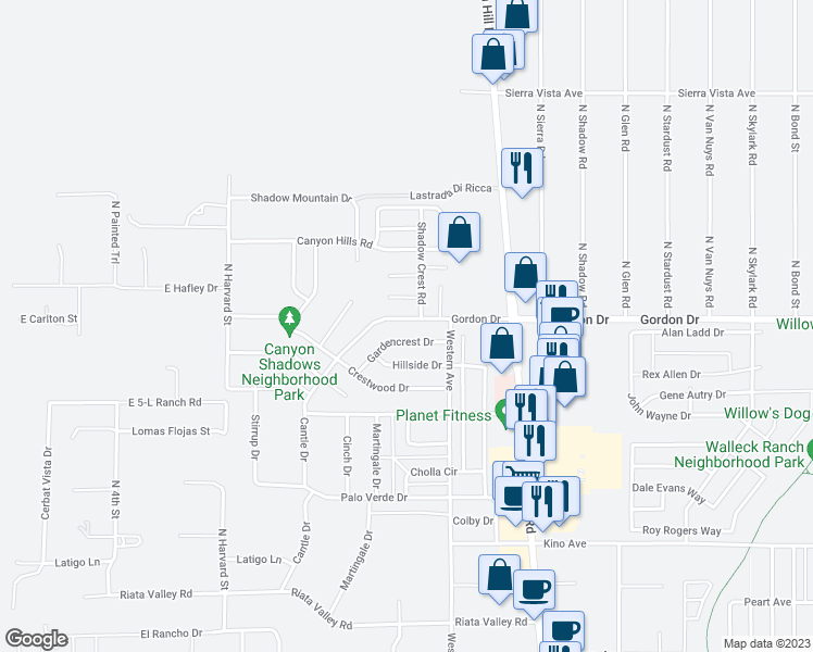 map of restaurants, bars, coffee shops, grocery stores, and more near 1010 Gordon Drive in Kingman