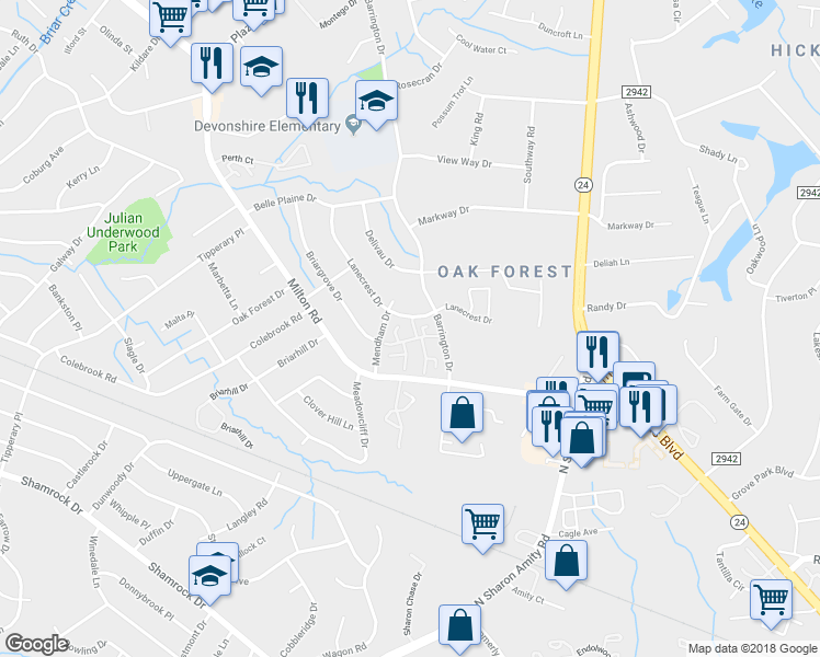 map of restaurants, bars, coffee shops, grocery stores, and more near 2504 Lanecrest Drive in Charlotte