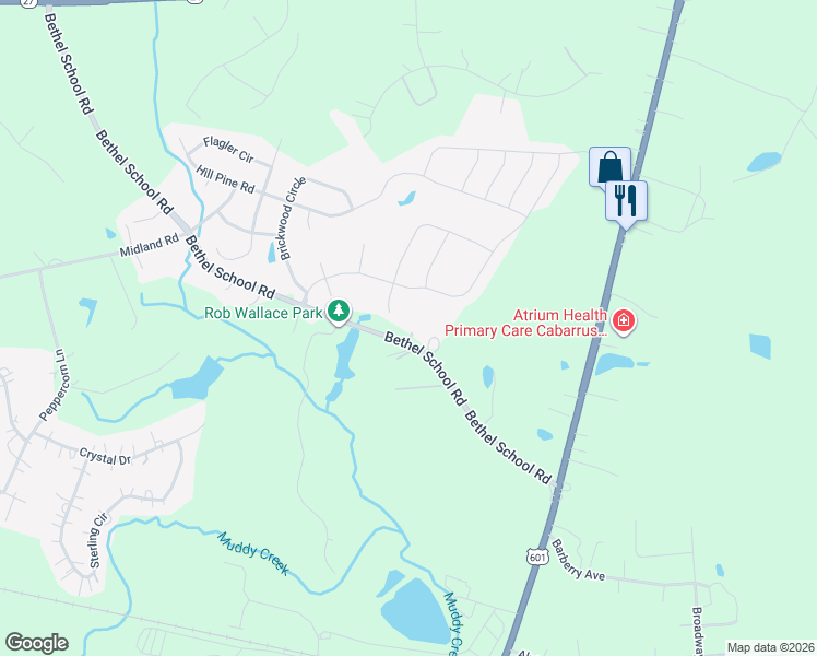 map of restaurants, bars, coffee shops, grocery stores, and more near 13101 Bethel School Road in Midland