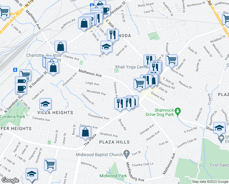 map of restaurants, bars, coffee shops, grocery stores, and more near 2821 Clemson Avenue in Charlotte