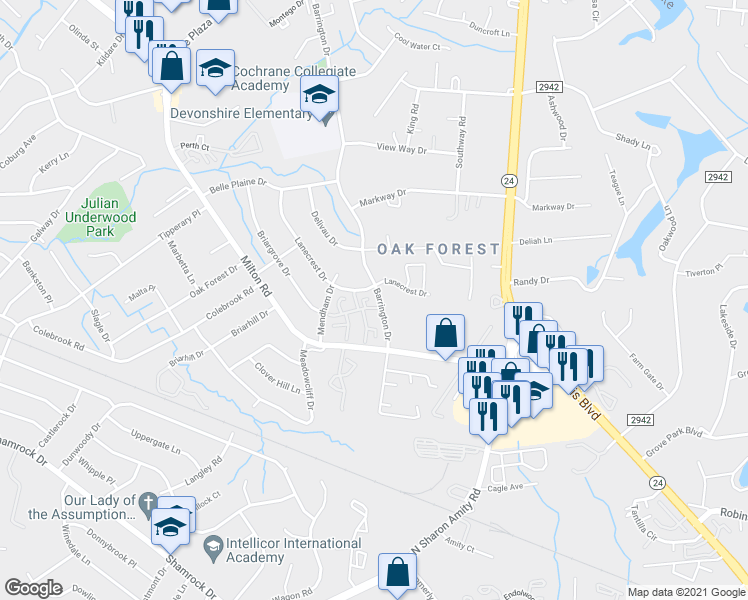 map of restaurants, bars, coffee shops, grocery stores, and more near in Charlotte