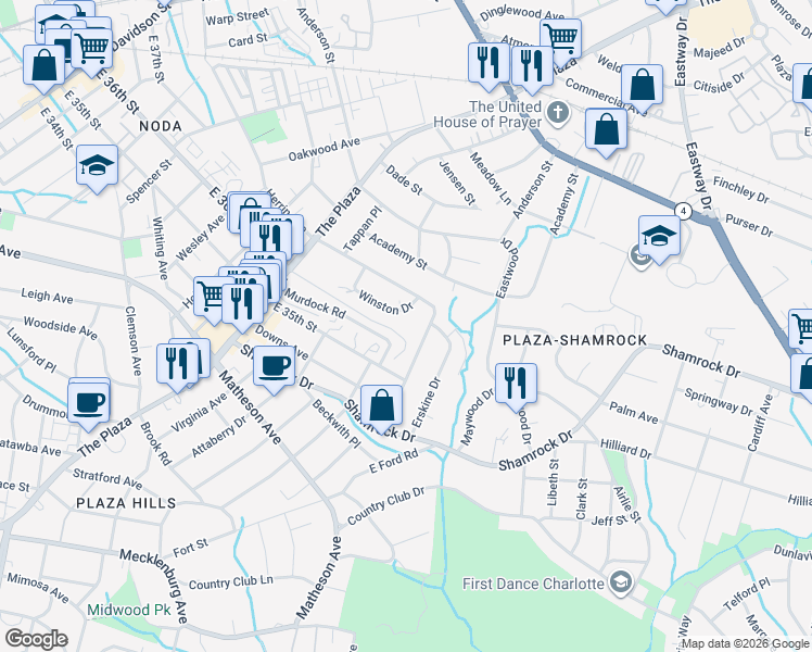 map of restaurants, bars, coffee shops, grocery stores, and more near in Charlotte