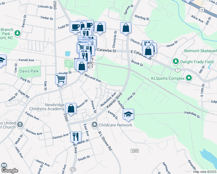 map of restaurants, bars, coffee shops, grocery stores, and more near 139 McLeod Avenue in Belmont
