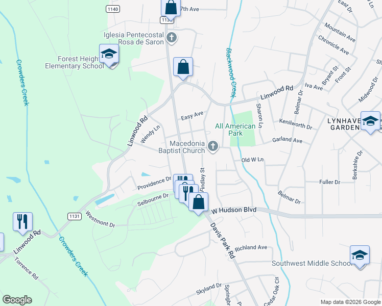 map of restaurants, bars, coffee shops, grocery stores, and more near 2207 Garland Avenue in Gastonia