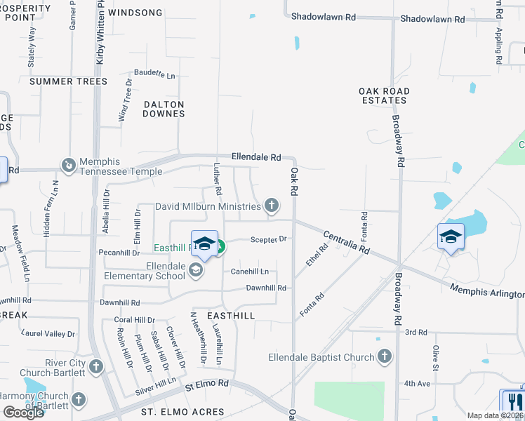 map of restaurants, bars, coffee shops, grocery stores, and more near 4156 Catalpa Hill Drive in Memphis