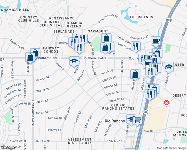 map of restaurants, bars, coffee shops, grocery stores, and more near 1100 Robin Road Southeast in Rio Rancho