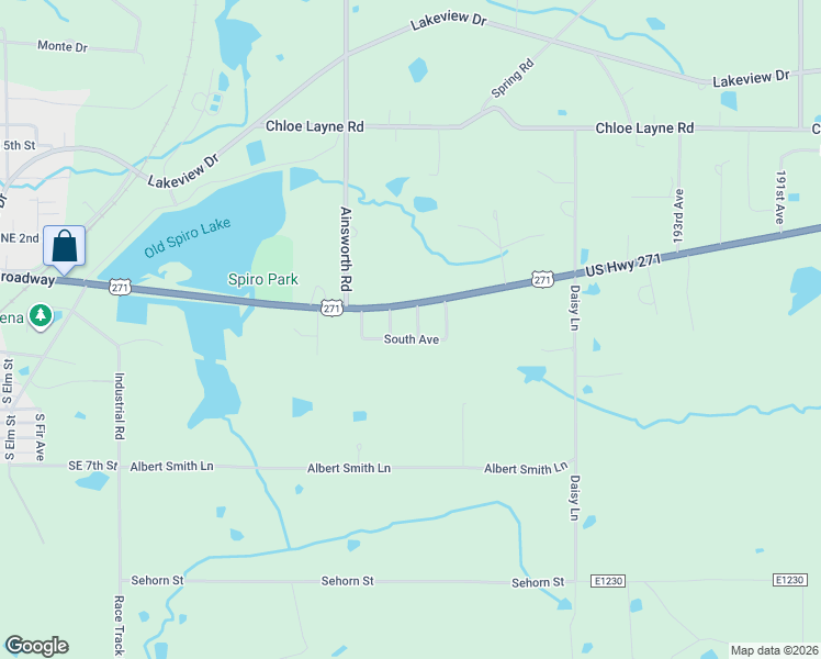 map of restaurants, bars, coffee shops, grocery stores, and more near 107 C Street in Spiro