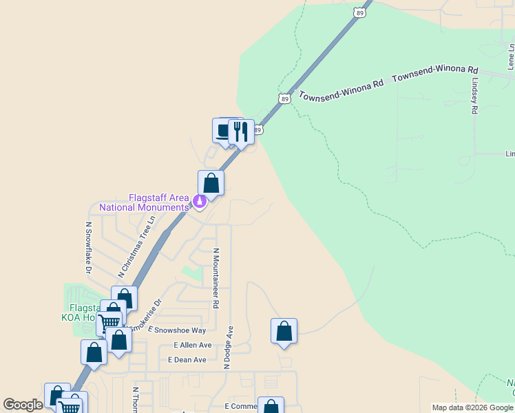 map of restaurants, bars, coffee shops, grocery stores, and more near 4950 East Trails End Drive in Flagstaff