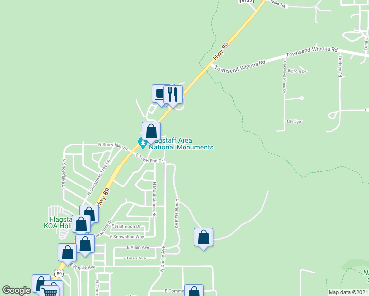 map of restaurants, bars, coffee shops, grocery stores, and more near 4950 East Trails End Drive in Flagstaff