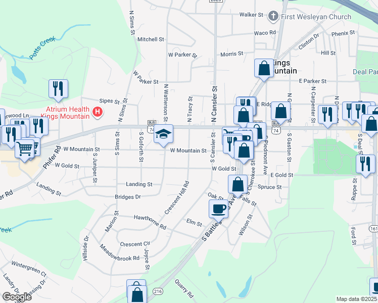 map of restaurants, bars, coffee shops, grocery stores, and more near 204 South Tracy Street in Kings Mountain