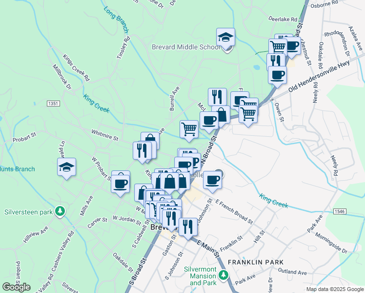map of restaurants, bars, coffee shops, grocery stores, and more near 70 Creekside Drive in Brevard