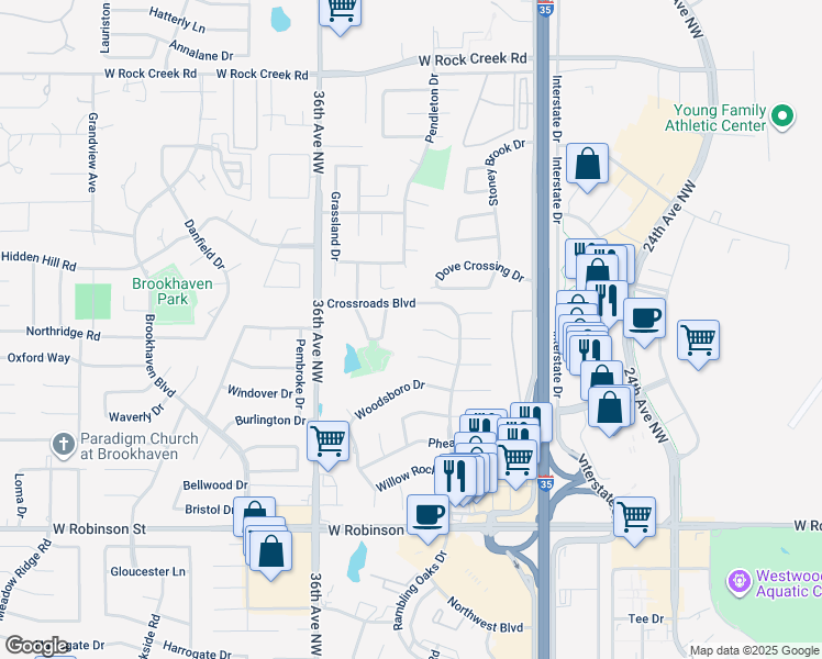 map of restaurants, bars, coffee shops, grocery stores, and more near 3225 Creekwood Court in Norman