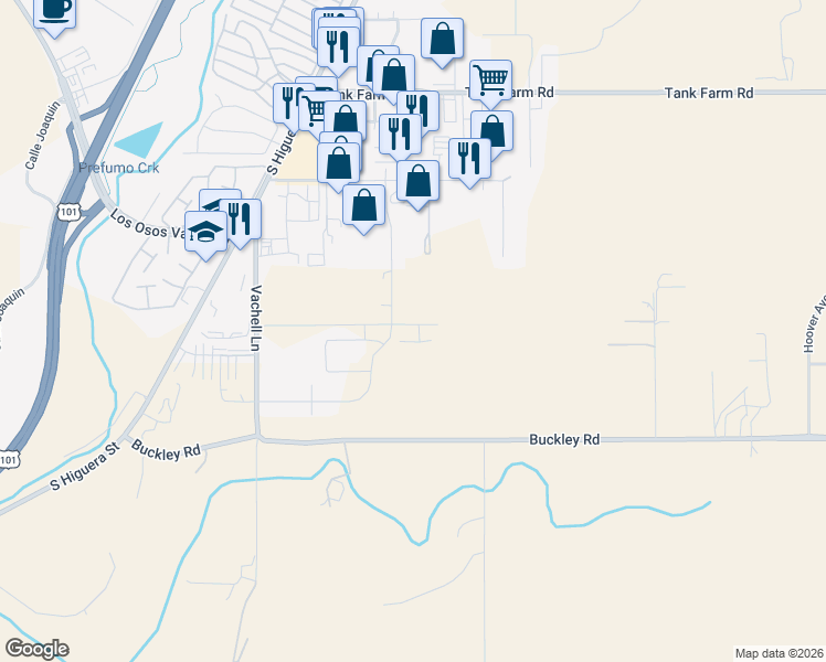 map of restaurants, bars, coffee shops, grocery stores, and more near 222 Foxtrot Court in San Luis Obispo