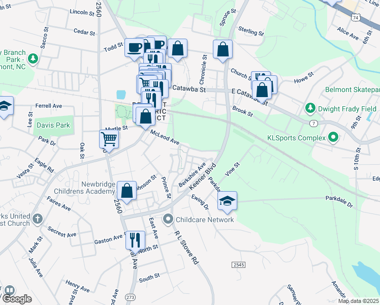 map of restaurants, bars, coffee shops, grocery stores, and more near 139 McLeod Avenue in Belmont