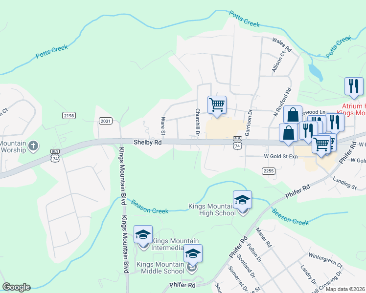 map of restaurants, bars, coffee shops, grocery stores, and more near 1419 Shelby Road in Kings Mountain
