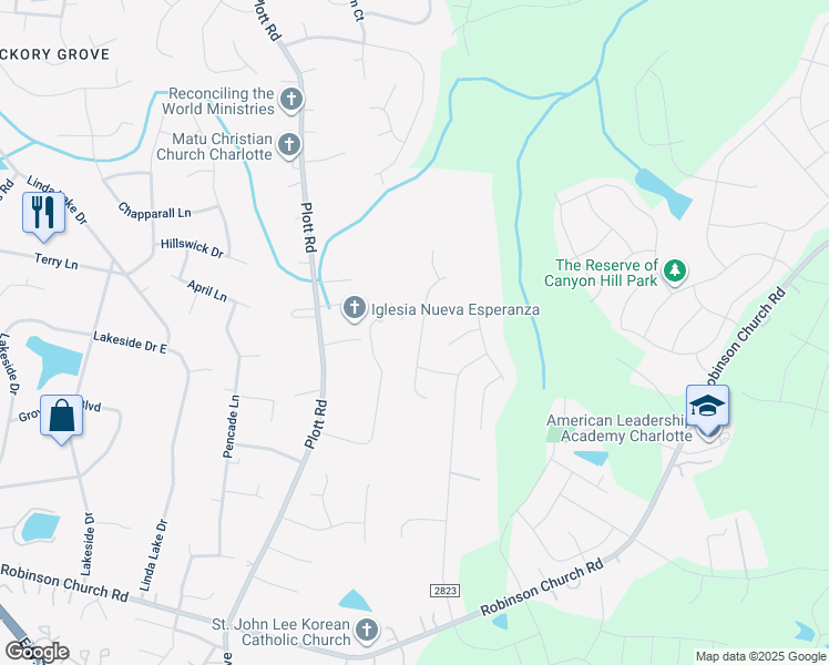 map of restaurants, bars, coffee shops, grocery stores, and more near 7327 Preakness Stakes Lane in Charlotte