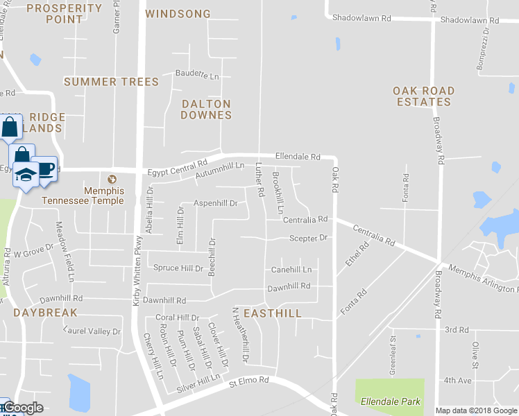 map of restaurants, bars, coffee shops, grocery stores, and more near 4157 Luther Road in Memphis