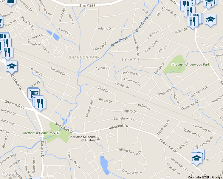 map of restaurants, bars, coffee shops, grocery stores, and more near 2627 Dora Drive in Charlotte