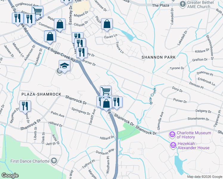map of restaurants, bars, coffee shops, grocery stores, and more near in Charlotte