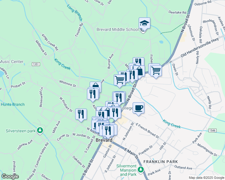 map of restaurants, bars, coffee shops, grocery stores, and more near 70 Creekside Drive in Brevard