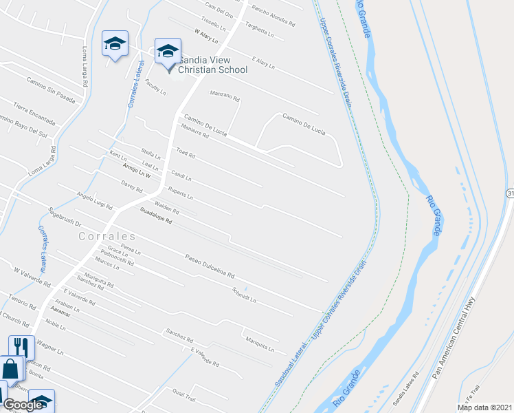 map of restaurants, bars, coffee shops, grocery stores, and more near 1 Candi Lane in Corrales