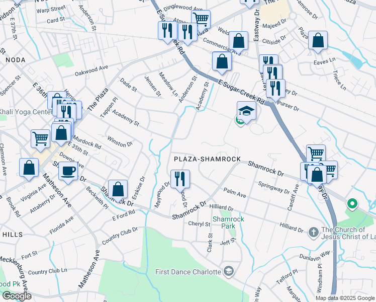 map of restaurants, bars, coffee shops, grocery stores, and more near 2101 Dalehurst Drive in Charlotte