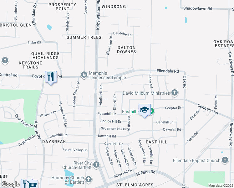 map of restaurants, bars, coffee shops, grocery stores, and more near 4158 Elm Hill Drive in Memphis