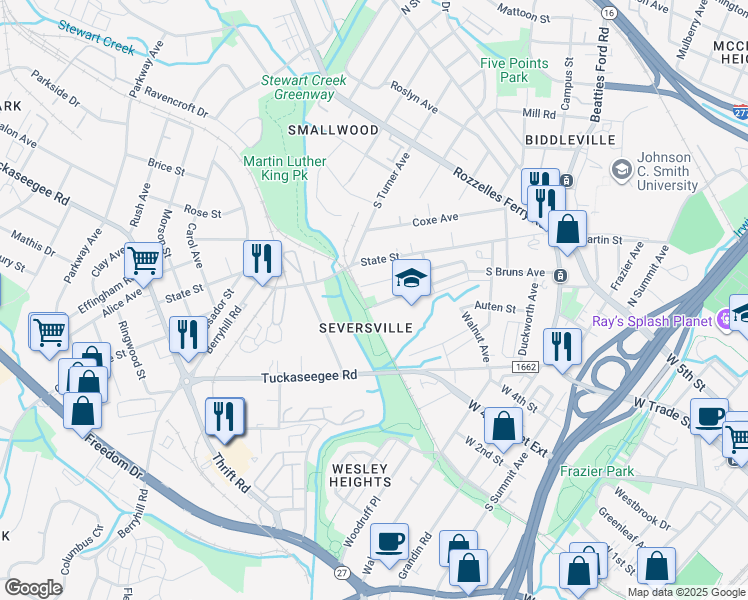 map of restaurants, bars, coffee shops, grocery stores, and more near 526 South Bruns Avenue in Charlotte