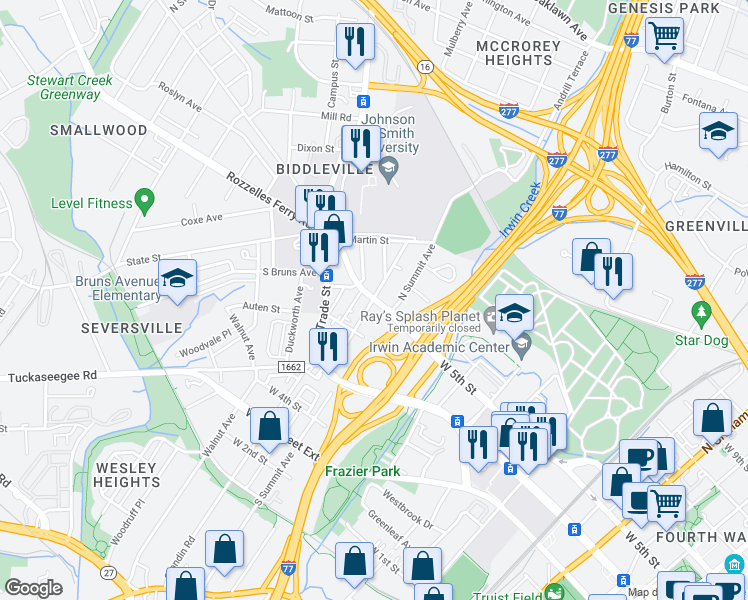 map of restaurants, bars, coffee shops, grocery stores, and more near W 5th St & Frazier Ave in Charlotte