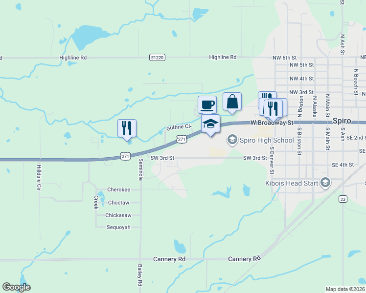 map of restaurants, bars, coffee shops, grocery stores, and more near 706 West Broadway Street in Spiro