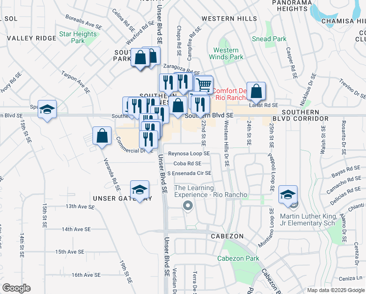 map of restaurants, bars, coffee shops, grocery stores, and more near 2102 North Ensenada Circle Southeast in Rio Rancho