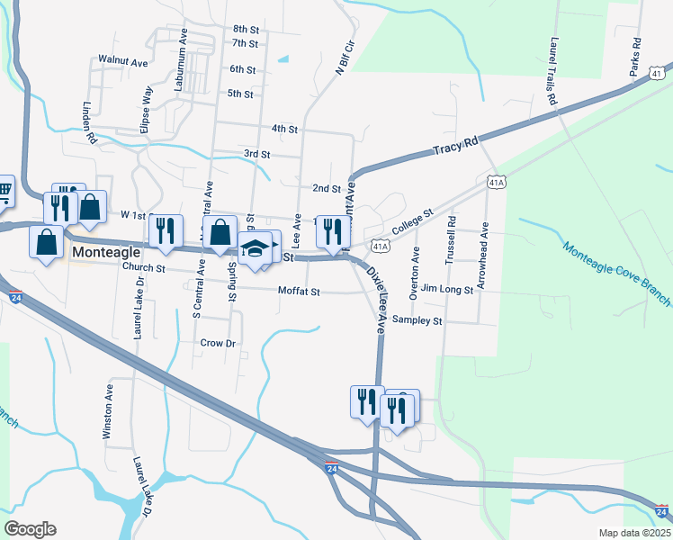 map of restaurants, bars, coffee shops, grocery stores, and more near 224 Main Street in Monteagle