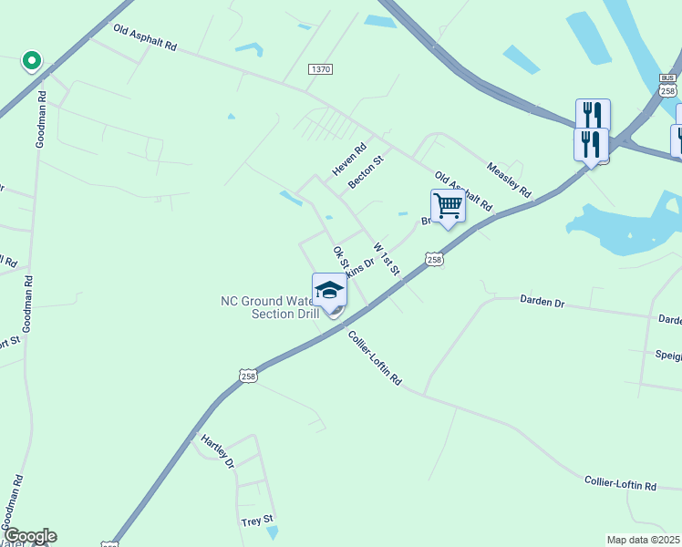 map of restaurants, bars, coffee shops, grocery stores, and more near 163 Ok Street in Kinston