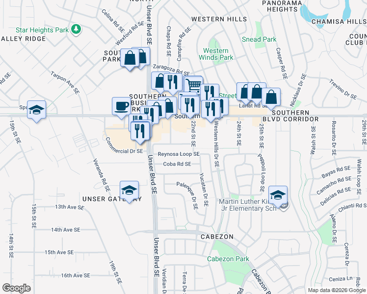map of restaurants, bars, coffee shops, grocery stores, and more near 2122 North Ensenada Circle Southeast in Rio Rancho