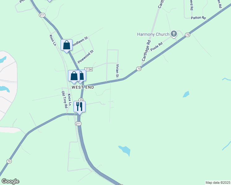 map of restaurants, bars, coffee shops, grocery stores, and more near 155 Beauty Road in Moore County
