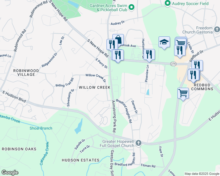 map of restaurants, bars, coffee shops, grocery stores, and more near 931 Armstrong Park Road in Gastonia
