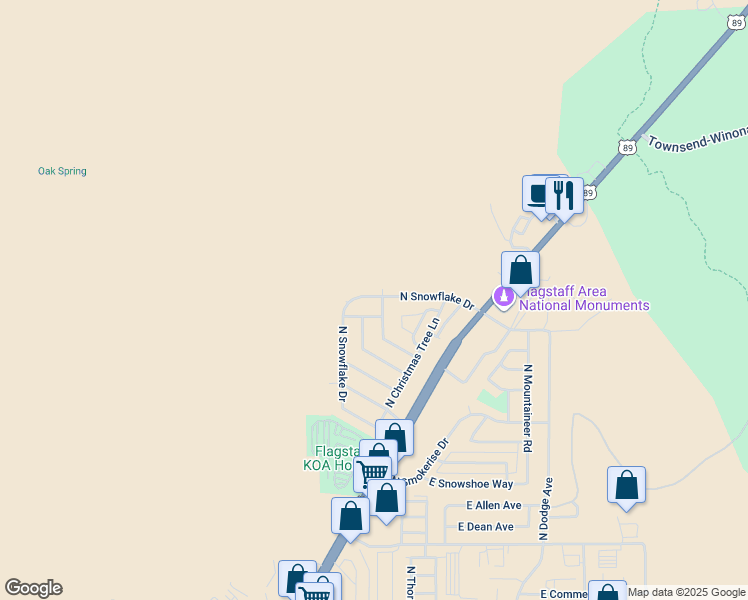 map of restaurants, bars, coffee shops, grocery stores, and more near 6470 North Snowflake Drive in Flagstaff