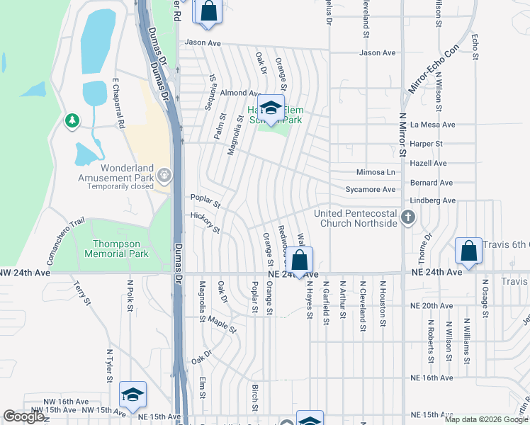 map of restaurants, bars, coffee shops, grocery stores, and more near 2504 Orange St in Amarillo