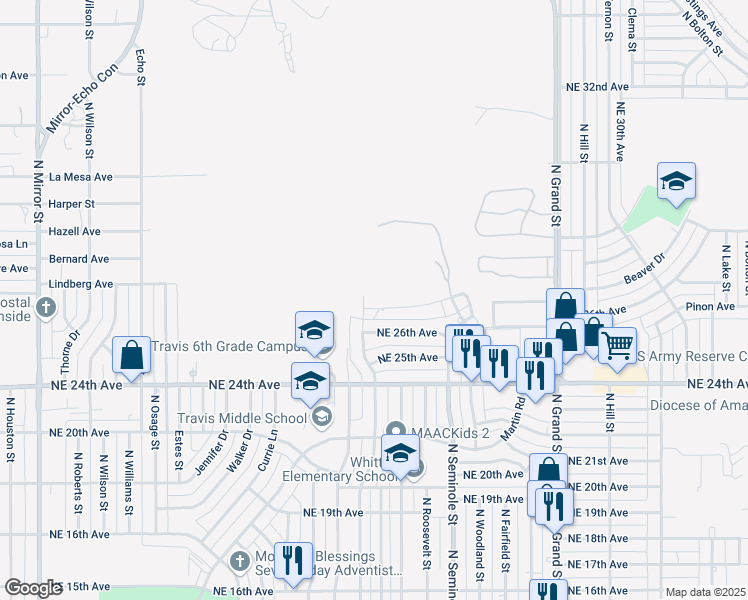 map of restaurants, bars, coffee shops, grocery stores, and more near 3001 Northeast 27th Avenue in Amarillo