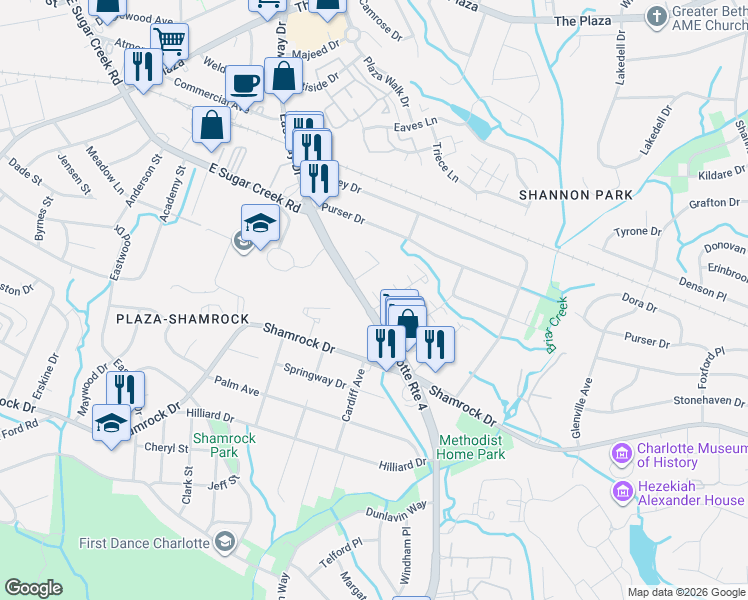 map of restaurants, bars, coffee shops, grocery stores, and more near 3725 Audrey Street in Charlotte