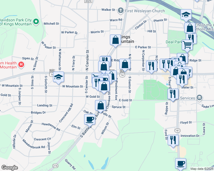 map of restaurants, bars, coffee shops, grocery stores, and more near 122 South Cherokee Street in Kings Mountain