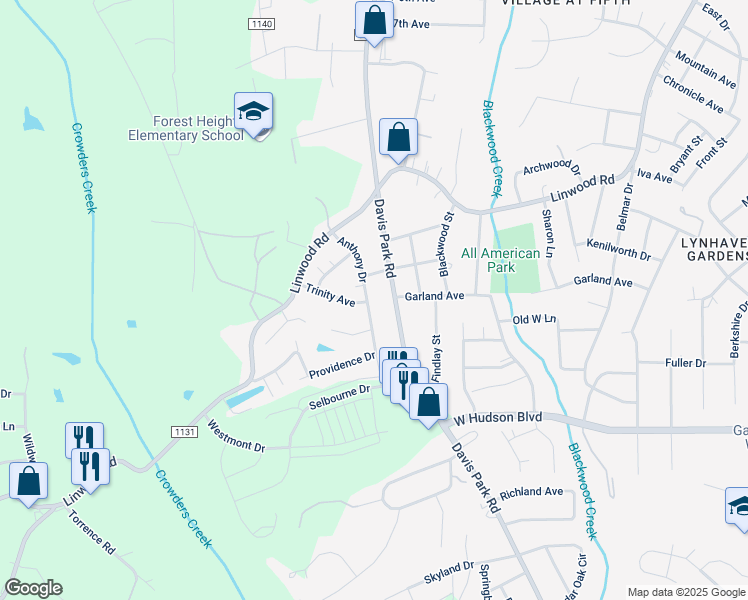 map of restaurants, bars, coffee shops, grocery stores, and more near 1622 Anthony Drive in Gastonia