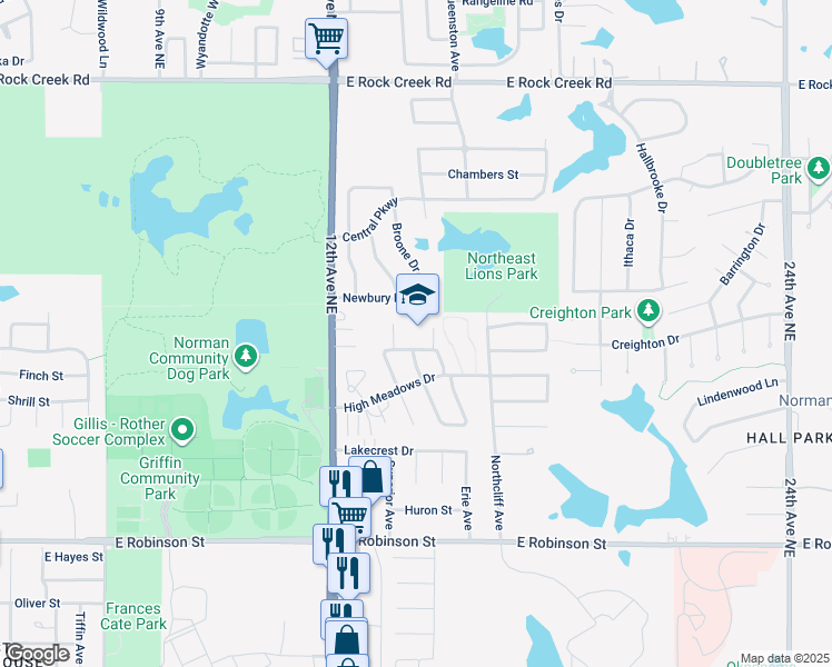 map of restaurants, bars, coffee shops, grocery stores, and more near 1415 Fairlawn Drive in Norman