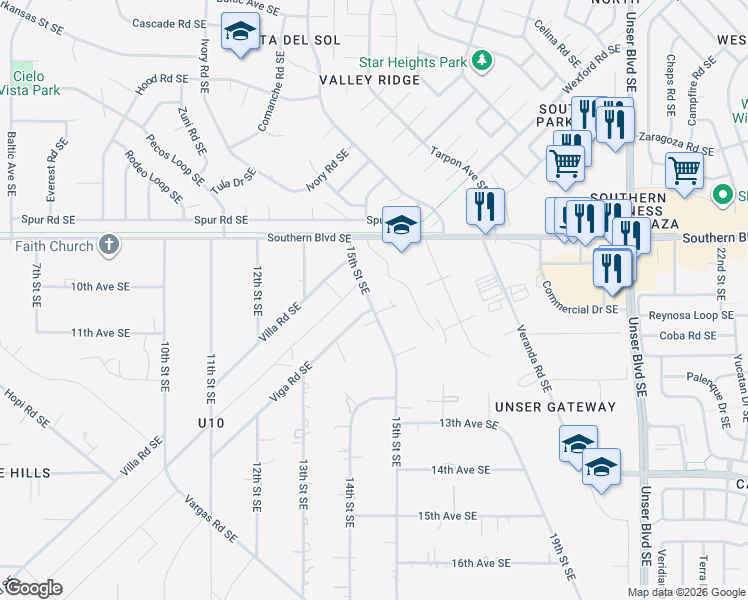map of restaurants, bars, coffee shops, grocery stores, and more near 1395 15th Street Southeast in Rio Rancho