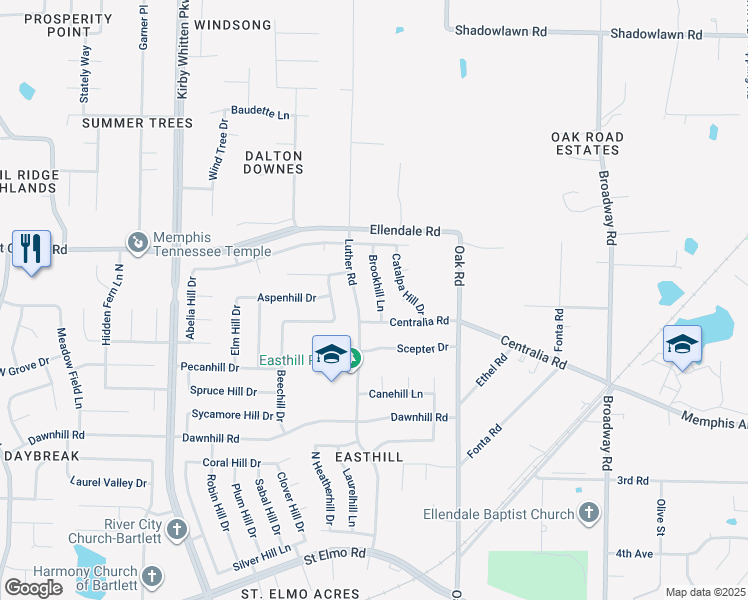map of restaurants, bars, coffee shops, grocery stores, and more near 4163 Brookhill Lane in Memphis